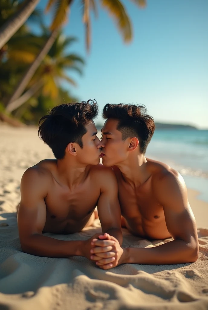 2 young Asian men , Muscular figure , bare, full body, Lie on your back. , hug and kiss , big penis, bareมีจู๋, fit , Has abs, Beachfront