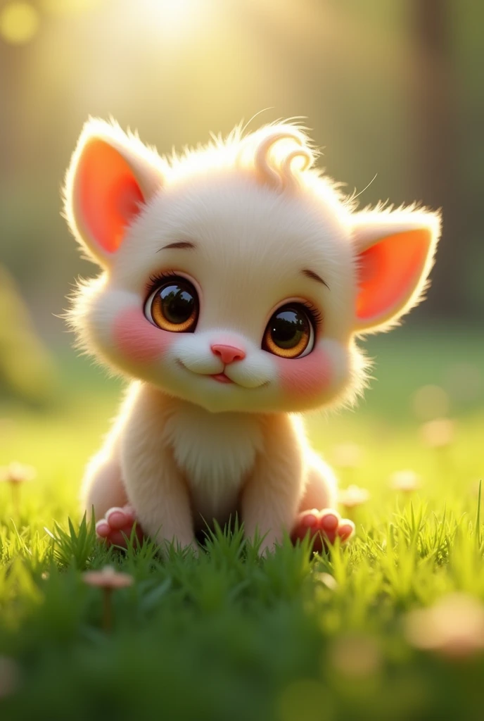 a cute furry , detailed face, big eyes, button nose, rosy cheeks, adorable smile, soft fur, fuzzy ears, chubby body, playful expression, sitting on grass, natural lighting, vibrant colors, fantasy, whimsical, highly detailed, 8k, masterpiece, digital art