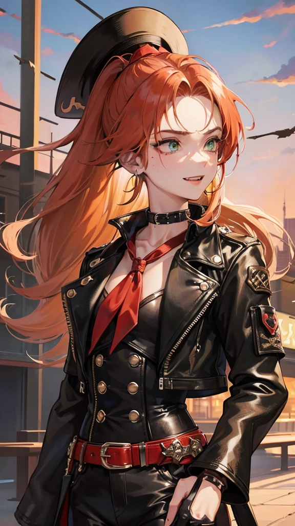 1 boy, anime, high quality, intricate details, futuristic setting, cowboy aesthetic, cropped leather jacket, spiked collar, gloves, messy hair, small ponytail, fangs, grinning, green eyes, earrings, androgynous, red hair, blonde streaks in hair, city setting, red bandana around neck, spiked belt, moles on face, cowboy hat, button-up shirt, lithe, hip straps, ombré hair, androgynous, muscular