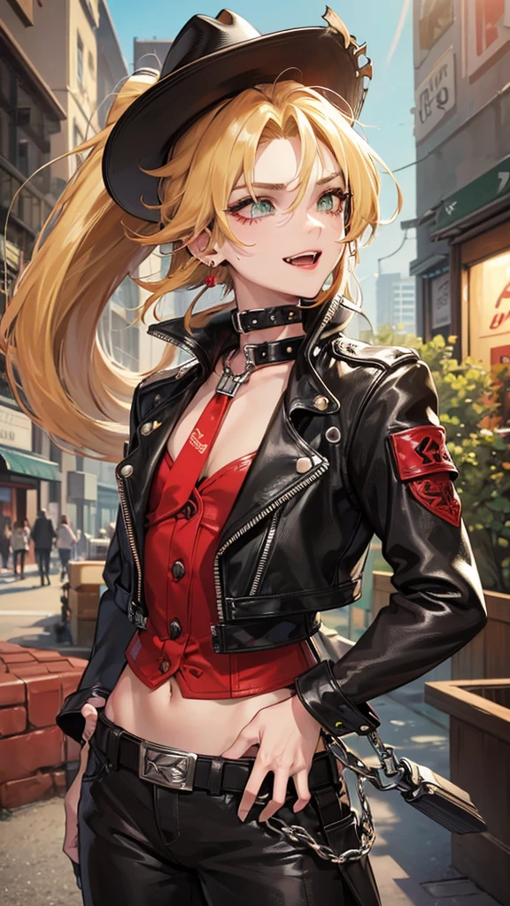 1 boy, anime, high quality, intricate details, futuristic setting, cowboy aesthetic, cropped leather jacket, spiked collar, gloves, messy hair, small ponytail, fangs, grinning, green eyes, earrings, androgynous, red hair, blonde streaks in hair, city setting, red bandana around neck, spiked belt, moles on face, cowboy hat, button-up shirt, lithe, hip straps, ombré hair, androgynous, muscular