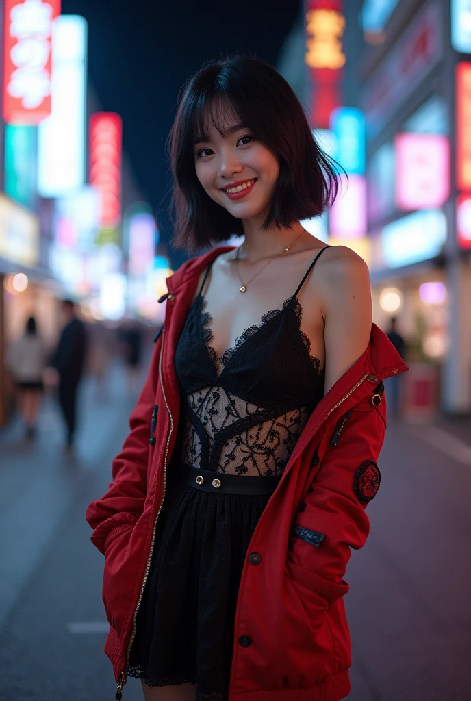 (8k, Photorealistic, Raw photo, Highest quality: 1.4),Japanese idol-style beautiful girl,1 person,18-year-old,(Short Bob),(Black Hair :1.1),She has her hair tucked behind her ears,Clear grey eyes,Long eyelashes,(piercings(small)),(Lip gloss),lips(Plump,glossy),thin long neck,(camisole),(flare skirt(Layered lace)),pumps,(Sleeveless jacket((Lace embroidery),(Mesh))Layered),Night in the city,Date with boyfriend,Smiling at the camera,Full body portrait