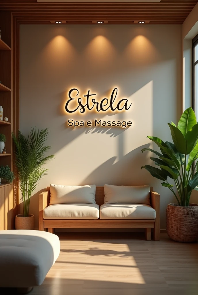 Massage Clinic Reception Room, with the written name appearing “estrela spa e massagem” in Portuguese and in white color 