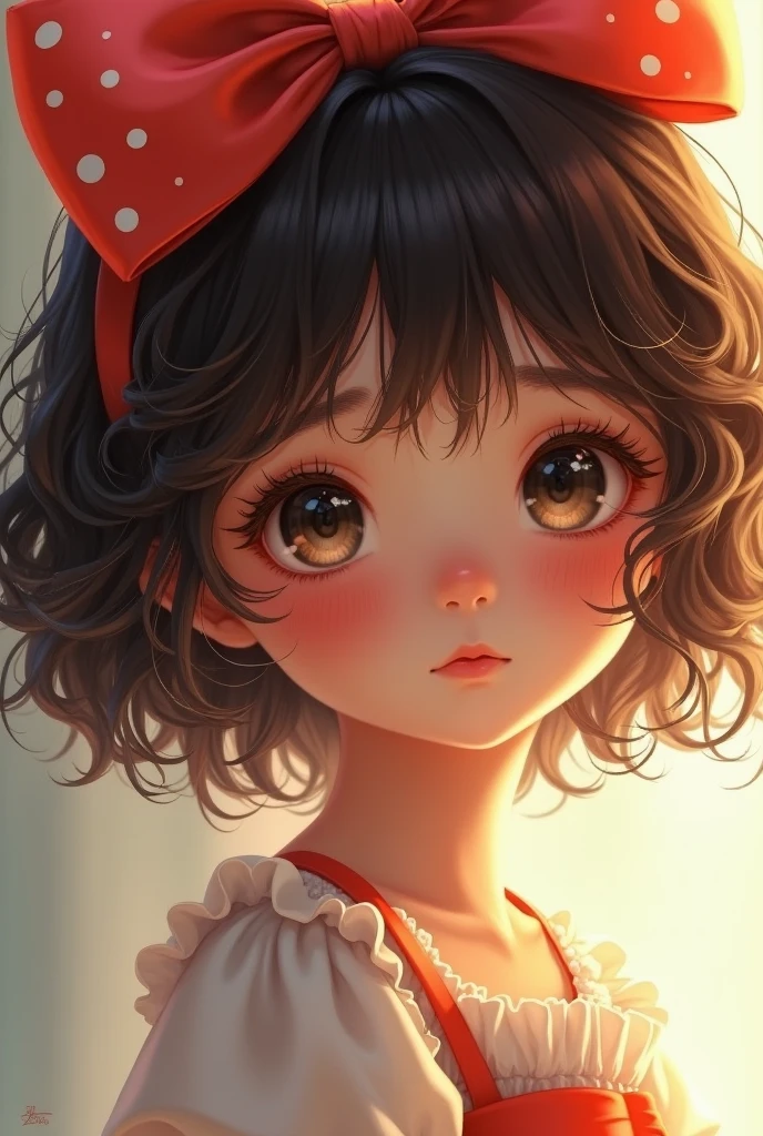 (photorealism:1.2), beautiful girl, . Looking innocent and pure. She has short, curly shoulder-length hair and a large bow in the back of her hair. Both cheeks are covered with hair.