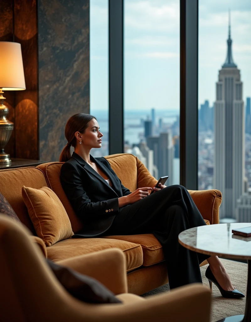 businesswoman relaxing in a luxury office lounge, elegant attire, smartphone in hand, serene and upscale, no hands visible,