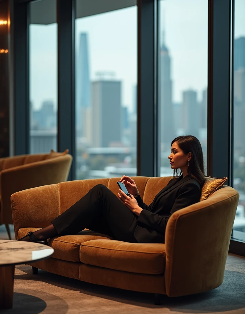 businesswoman relaxing in a luxury office lounge, elegant attire, smartphone in hand, serene and upscale, no hands visible,