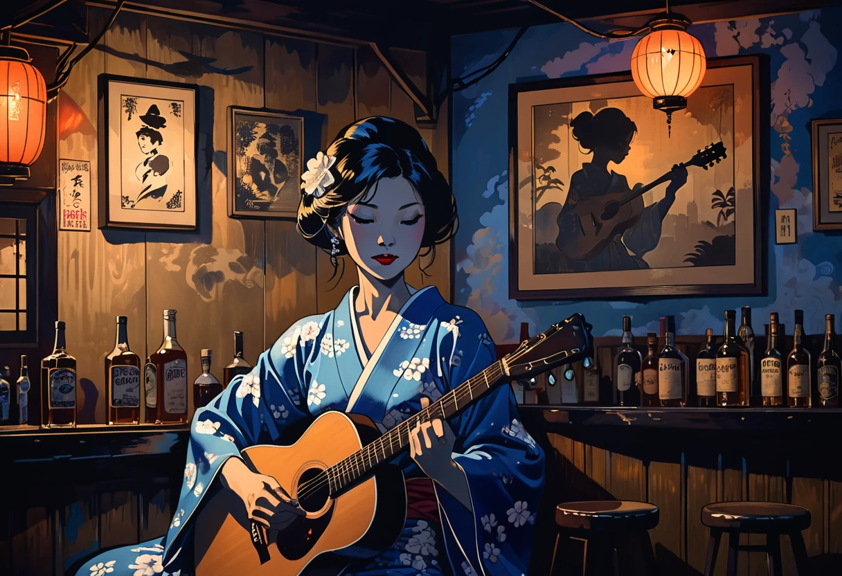 America　blues delta blues Silhouette of a woman in a beautiful japanese kimono playing acoustic guitar in a Vintage jazz bar in New Orleans　Mysterious atmosphere　Blue gaslights, typical of New Orleans, are mounted on the wall..　Vintage　, Dimly lit jazz bar　Shadow play　Whiskey bottles