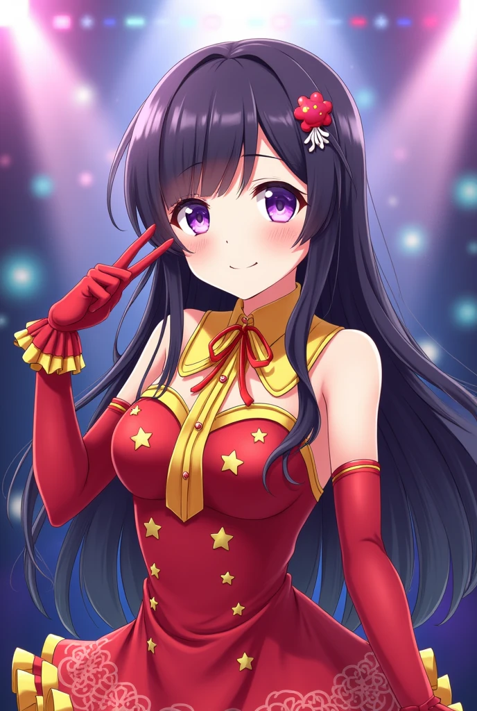 Please try the adjusted prompt again.。This prompt is、We've added some details to make it even closer to Hoshino Ai's features.。
---
**Prompt:**
"An anime-style illustration of a female idol character closely resembling Hoshino Ai from 'Oshi no Ko'. She has long, flowing dark purple hair with a straight cut and slight waves towards the ends, reaching down to her waist. Her eyes are distinctive with star-shaped pupils in a bright, captivating shade of purple, making them stand out prominently. She is wearing a vibrant idol costume with a red frilly top, accented with star decorations and a bright yellow collar. Her gloves are also red, matching her top, and have small star accents. Her expression is a mix of confidence and charm, with a gentle smile that reflects her charismatic personality. The background is filled with soft, colorful lights, resembling a stage, to enhance her presence as an idol. Her pose is dynamic and lively, capturing the essence of her as a beloved idol."
--- This prompt should generate an image that looks even more like Hoshino Ai。If fine-tuning is needed、We will reflect this information as it becomes available.。