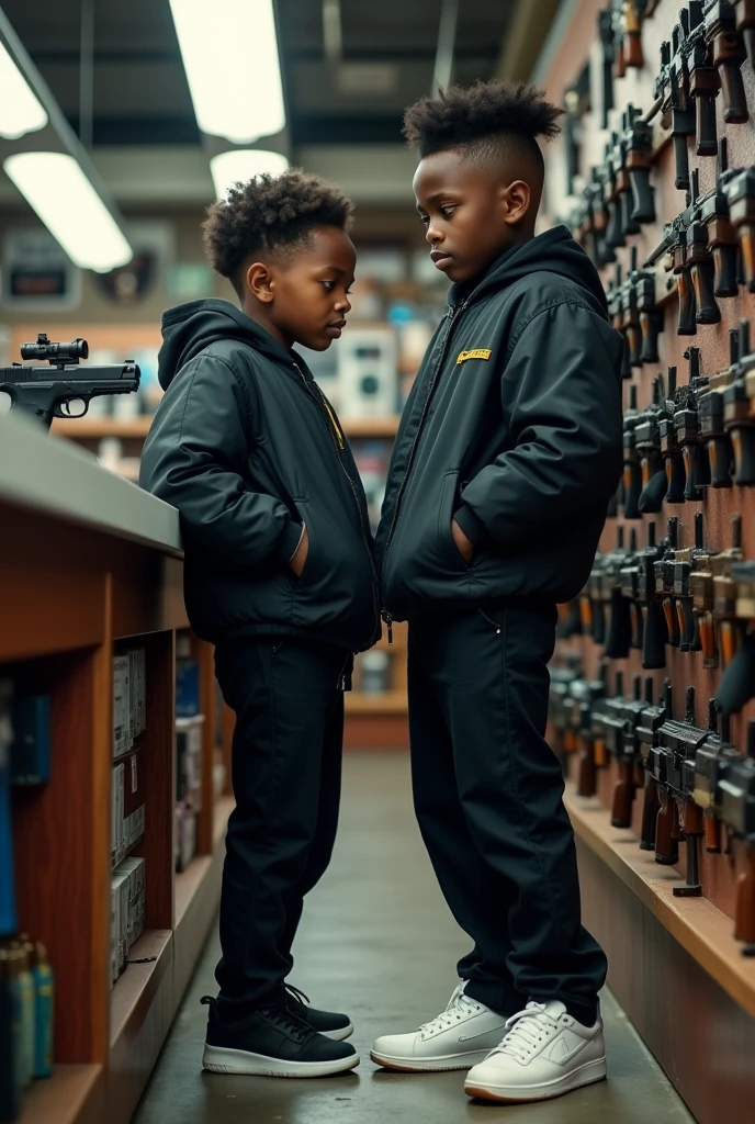 Two black Americans boy buying a pistol in a gun shop and they are wearing a black jacket and black pants and white shoes