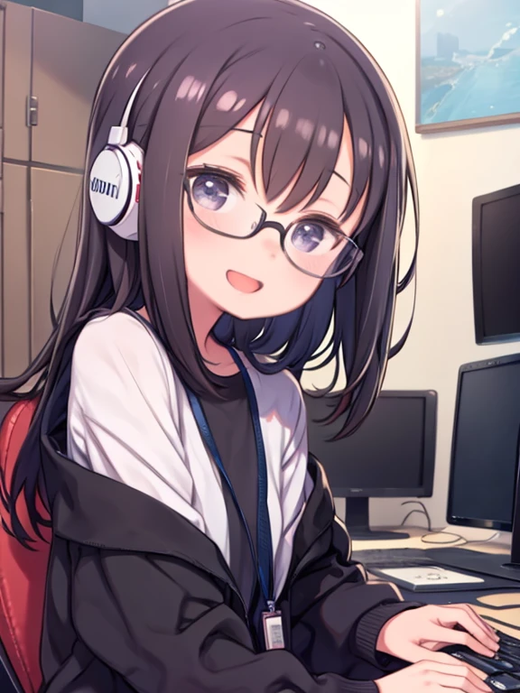 One Girl、Cute room、Listening to music with headphones、Watching the audience、smile、Open your mouth a little、Fancy room、Glasses、Upper Body、