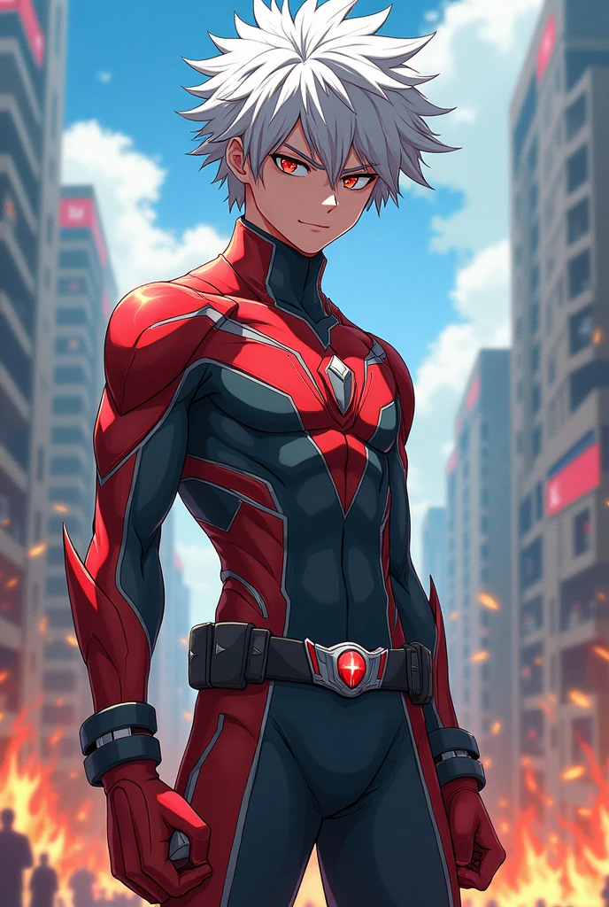 Create a my hero academia character,
This character is a young man. ,white hair color ,red eyes