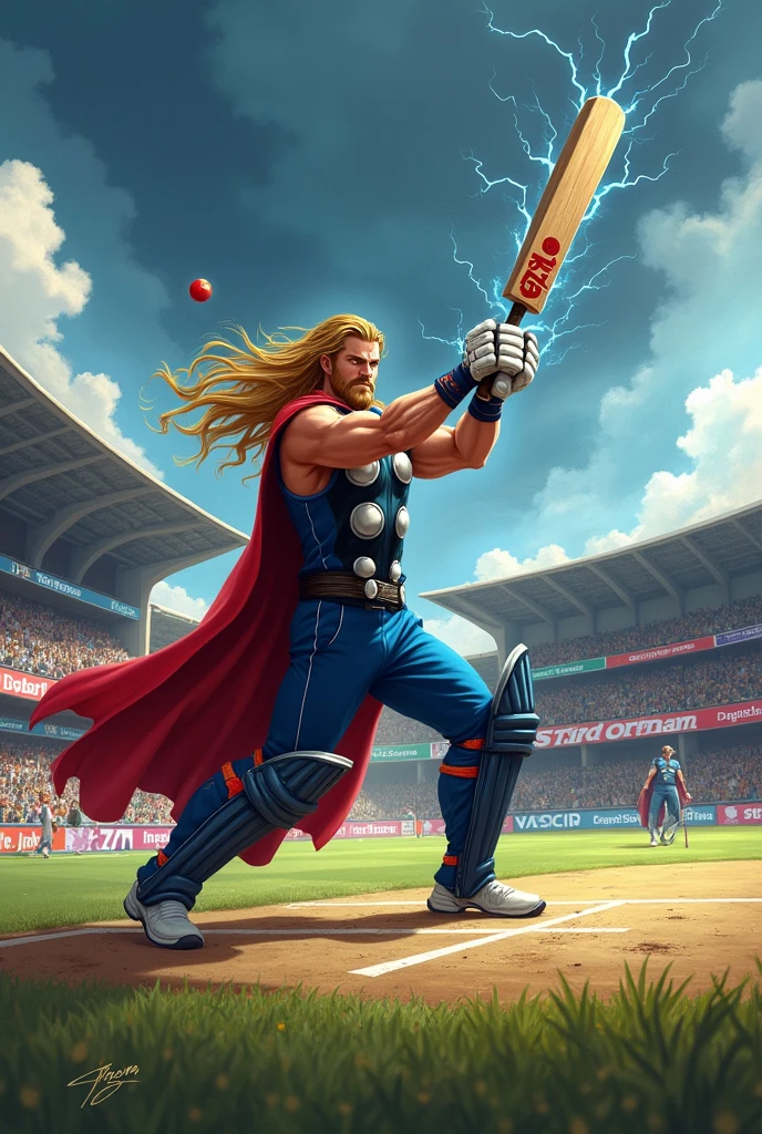 Thor playing cricket in stadium and hit the six