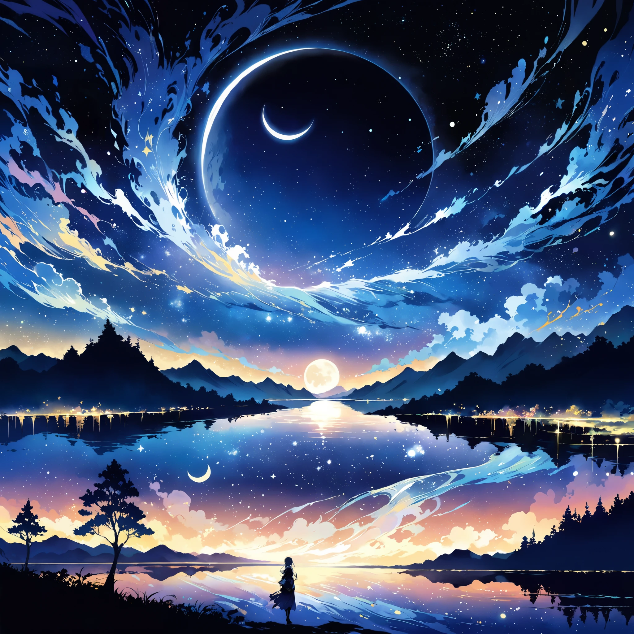 The condensed beauty of a painting depicting a river, stars and the moon in the sky, Concept art inspired by Tosa Mitsuoki, pixiv Contest Winner, Highest quality, Fantasy art, Beautiful anime scene, Bright moon ring, Starry Sky environment in the moonlight, Dream Painting, Anime Background art, Dreamscape Painting, Great night, Anime Background, Background artwork, Great art, Atmospheric anime, Starry Sky, Detail enhancements.  