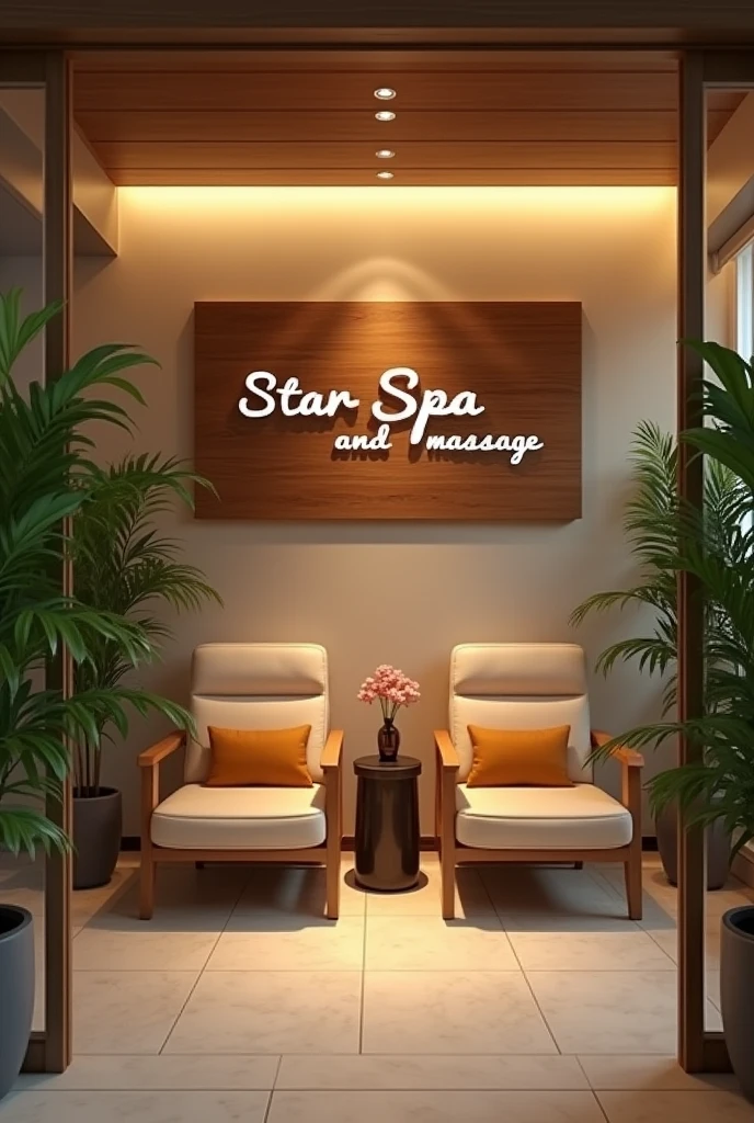 Massage Clinic Reception Room, with the name written showing “star spa and massage” in Portuguese and in white color