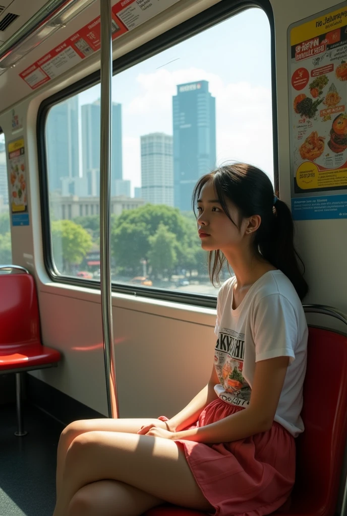 singaporea ager, sitting on train, wearing short skirt