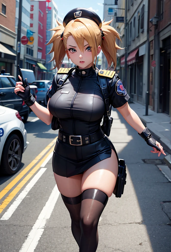 Masterpiece,Solo,1Girl,Chocho Akimichi,(Boruto)Big Breasts,Perfect Body,Sexy Body Hot,Ultra High Quality,Ultra High Resolution,Photograph 16K,Ultra Detailed,Twin Tails,Blonde Hair,Beautiful,Beautiful Girls,Female Police Theme,Female Police Uniform,Police Short Skirt,Police Hat,Sexy Body Hot,Sexy Uniform,Street Version 