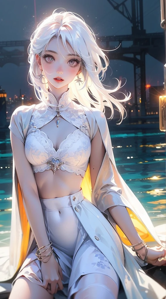 Realistic, 1girl, white hair, purple eyes, glowing eyes, cropped top, skirt, parted lips, blush, night, flowers, sun, sunlight, white skirt, short skirt, medium length hair, real, warm colors, white short Dress, white clothes, light background color, day environment, bright color background, saudi, ocean, cute,
