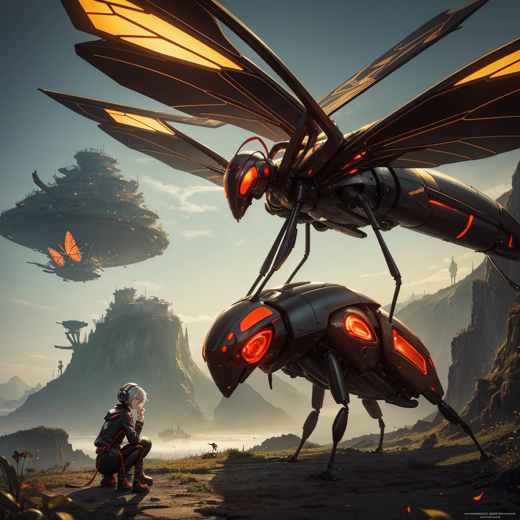 A short-haired girl with white hair is sitting on a massive mechanical ant with intricately designed wings. The ant's glowing red eyes and metallic surface add to its imposing presence. The girl is dressed in a vibrant orange coat with a high collar and large headphones, and she wears black boots with metal strips. She is holding onto the ant's antennae, and a travel luggage is strapped onto the ant's back.
The backdrop is a mysterious landscape featuring a floating city, reminiscent of another world. Golden mist and faint green tones give the scene an eerie yet peaceful feeling. In the background, floating islands with twisted structures and red-gold butterflies add a surreal atmosphere to the scene.
