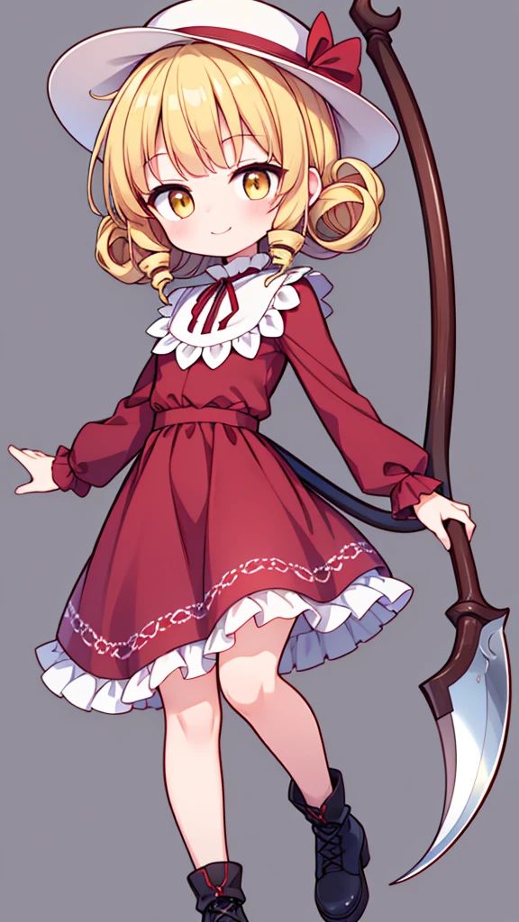 a drawing of an anime character in a red dress and boots with a large scythe, ((high end)), (UHD picture), (best quality,4k,8k,highres,masterpiece:1.2), top-quality(​masterpiece), top-quality, ultra-detailed, highly detailed texture, intricate details, high quality textures, masterpiece, best quality, perfect quality, perfect anatomy, perfect body, perfect symmetrical face, perfect hands, perfect feet, (two arms:1.2), (two legs:1.2), (five fingers each:1.2), (perfect joint:1.2), perfect joint movement, precise fingers and hands, 1 beautiful girl, 1 girl, alone, solo, , 10 years old, (((****))), ((childish)), hat, white hat, blonde hair, long hair, parted bangs, drill hair, well-formed face, yellow eyes, maxi dress, red dress, dress, long sleeves, frills, long skirt, simple background, scythe, holding scythe, holding, white socks, smile, cute face, beautiful, holding scythe