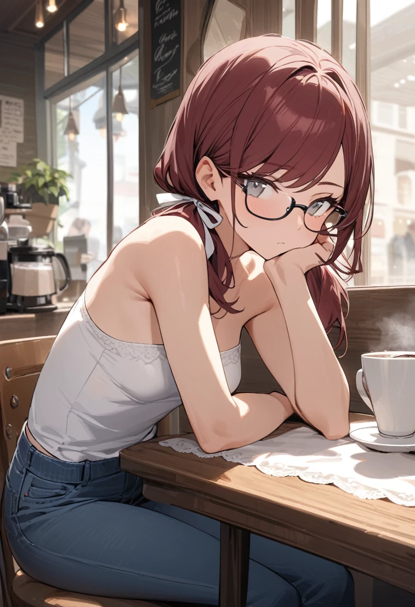 Masterpiece, highres, high Quality, detailed face, over-the-shoulder shot, solo, cafe, sitting, bored, hand on cheek, leaning forward, Gray eyes, dark red hair, swept bangs, low twin tails, glasses, white ribbons, white strapless shirt with white trim, jeans, small breasts, toned arms, tablecloth texture visible, steaming cup of coffee nearby.
