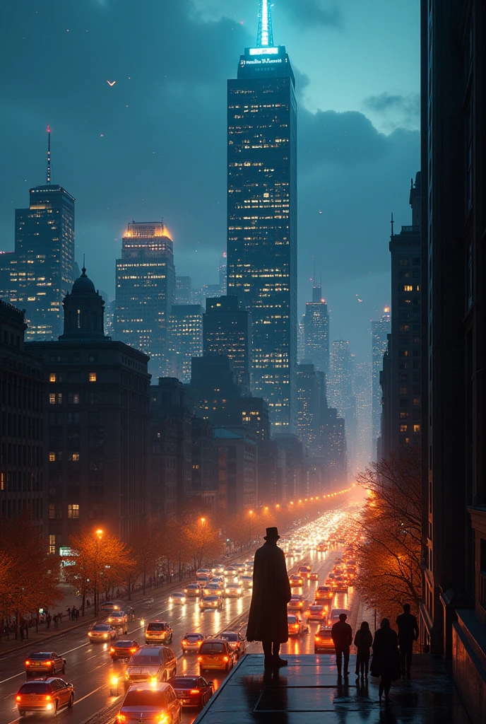 A panoramic view of the city at dusk, with bright lights and bustling traffic. In the background, A glowing-eyed figure looks down from atop a skyscraper