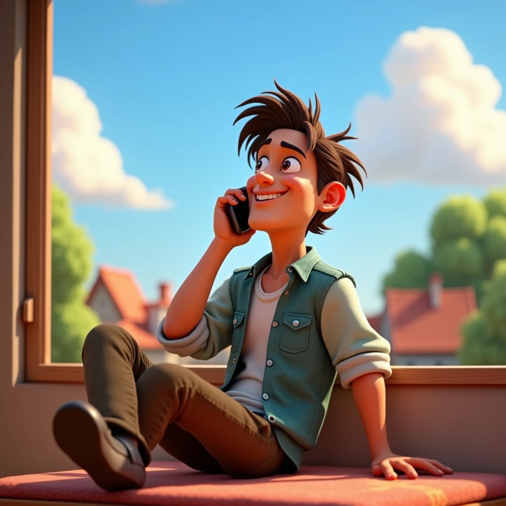 Create a cute,  stylish,beautiful realstic 3d animated-style image featuring top of the balcony home sitting Flynn Rider also  speaking his mobile on his  ear should be on a home balcony, looking up at fluffy clouds in the sky. The background should show a calm, serene scene with a few trees or rooftops visible. 