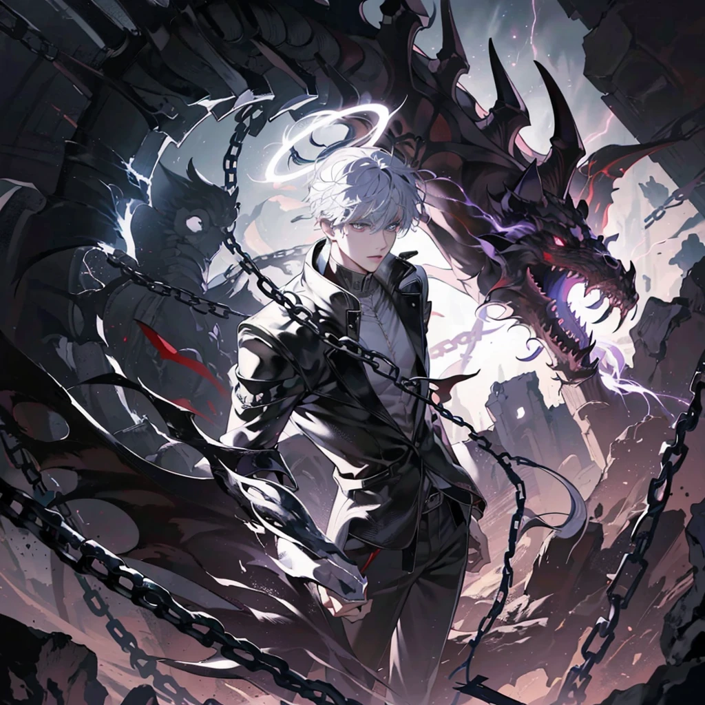 A handsome guy with short white hair stood in front of the black dragon,

Surrounded by chains and red and purple lightning effects,

There is a white halo on the head. Blue eyes with lightning, confident expression, dark background, comic style background with black buildings, epic composition, deepen lines, highest quality, highest quality, 32K