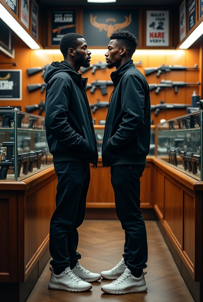 Two black Americans boy26 and 23 years old boys buying a pistol in a gun shop and they are wearing a black jacket and black pants and white shoes