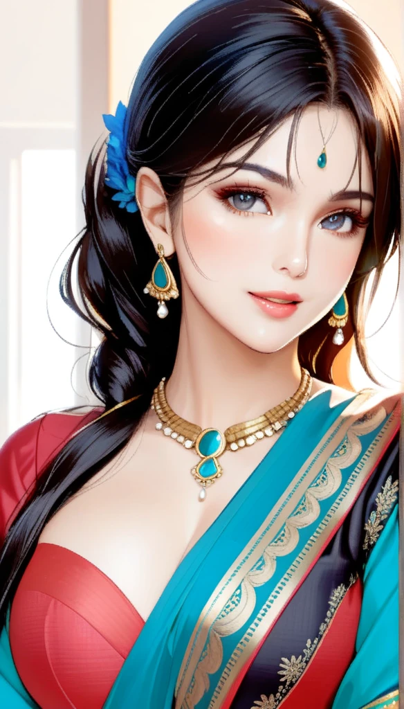 ((1woman, mature,single hair braid,saree, big long  jhumka earrings , detailed alluring eyes, smooth detailed lips, beautiful face, smiling ,red lipstick ,navel,bangles,blue ribbon, sagging breasts , upper body view