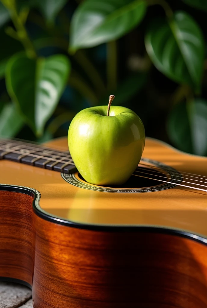 Draw a green apple and an acoustic guitar in one picture.