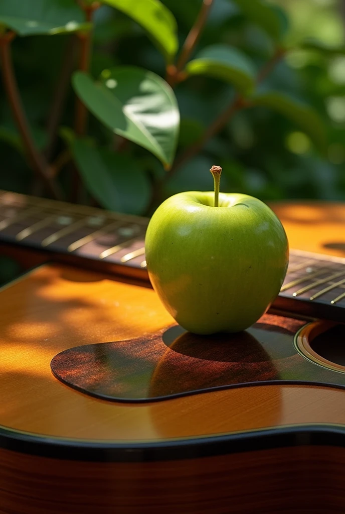 Draw a green apple and an acoustic guitar in one picture.