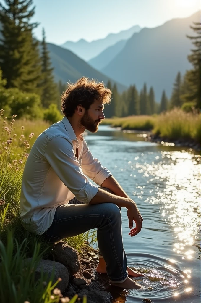 A man was sitting beside a river. 
