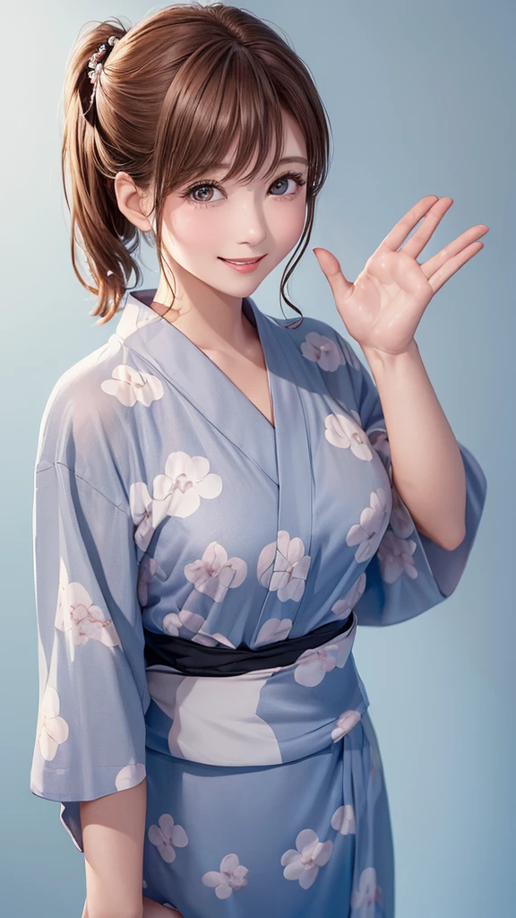 (((Cowboy Shot、Women's Solo Shot、Oil、Pure white wall background、masterpiece、Highest quality、High resolution)))、Redhead、Medium Hair、(((Side Ponytail)))、(((Shower dot patterned yukata)))、(((Gray yukata)))、((Light blue polka dot yukata)))、Fashionable hairstyles、Pure white wall background、Red cheeks、((No Shadow、Frame In))、((Small ))、((smile))、((Happy expression))、(((Waving right hand)))、((((No background))))、