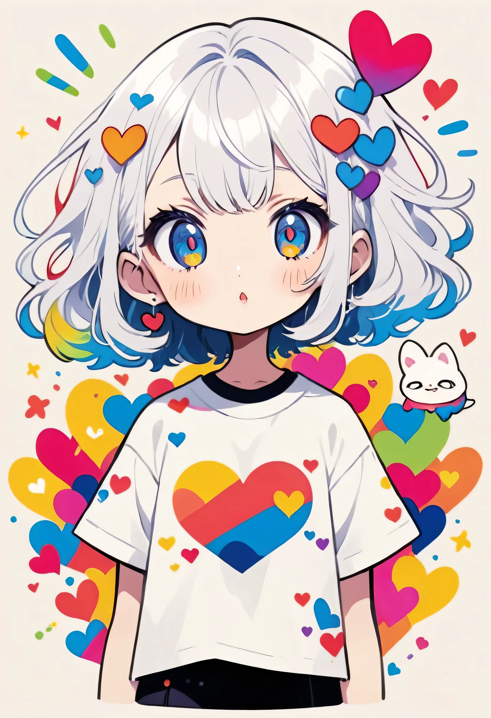 Ultra-realism Hayao Miyazaki colorful style, Simple Line Initialism，Abstract art，(((The most beautiful girl of all time))), chibi, Sweet face. Lips in love, colorful hearts, stylish design, 夏のオシャレなTシャツ, 黒い瞳, Funny