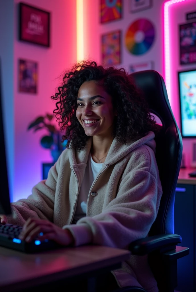 A 20 year old youtuber,sitting on a gaming chair,playing on a gaming pc,com fone gamer,she is wearing a cold weather shirt,She is without shorts and without panties, she is naked,curly hair.Brazilian and hot