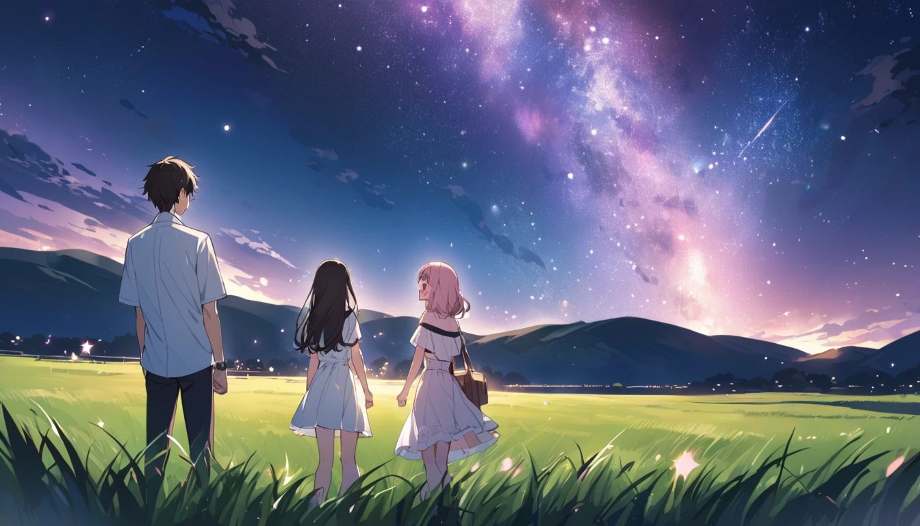 good looking, 2 high school students, Date,1 male, 1 female,Dark brown hair, Pink highlights on the tip, Pale pink eyes,A vast night sky with twinkling stars,A vast grassland,Surprised expression