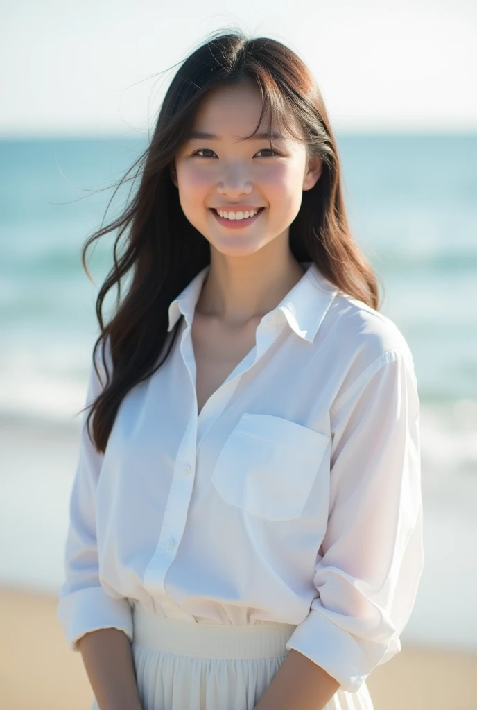 ((best quality)), ((masterpiece)), (detailed), perfect face,2 Japan Women,Teenager without makeup,Standing whole body,Clean to the toes,gigantic breasts:1.3,huge breasts:1.3,High bust top:1.3,Firm, round breasts:1.3,White shirt,Long skirt,((No Pat,No bra)),Bright smile,Soft sunshine on the beach,Depth of subject,Sharply in focus,Natural and soft light