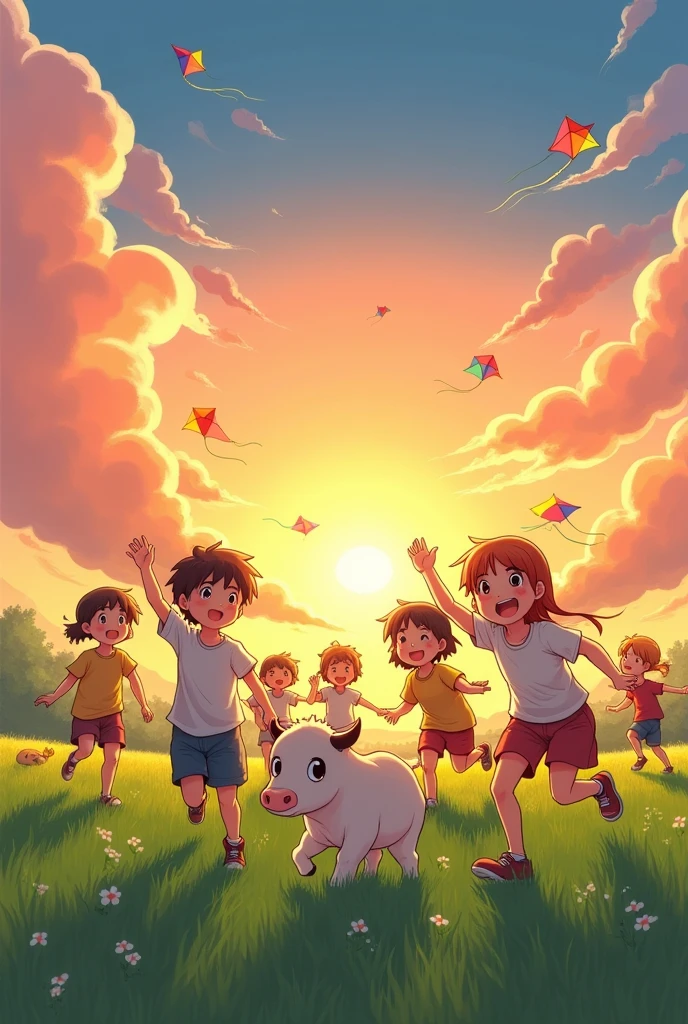 Create an anime-style image for me. The image should feature children herding cattle in a field, with children flying kites and a sunset sky
