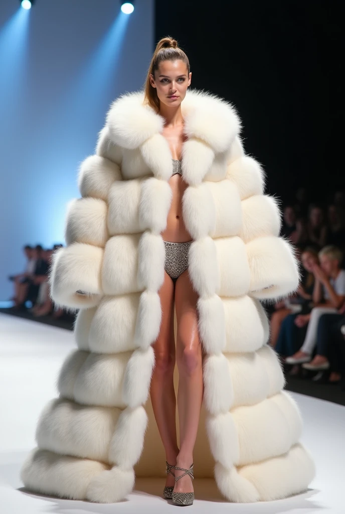 a beautiful woman wearing a very wide and extremely thick white mink fur coat, the coat is 200cm thick and fluffy, with an extremely thick white mink fur collar, 3 layers, (fur fashion show), garter belt, nordic beauty, high ponytail, (gigantic breasts), (spread legs:1.3)