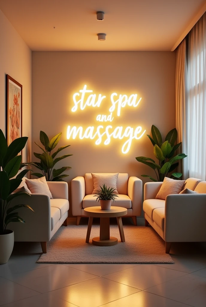 Massage Clinic Reception Room, with name written in white saying “star spa and massage” in Portuguese