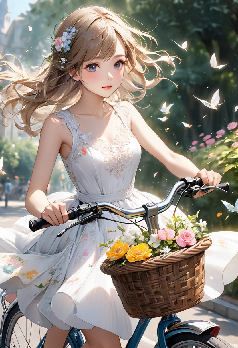 ( Correct and perfect anatomy ) Very charming beautiful girl(Wearing a white dress with fluttering skirt)riding a bicycle(close up) Basket filled with flowers Clear and detailed Bicycle hand drawn with gongbi watercolor brushes Detailed and intricate Perfect artistic illustration Delicate and dynamic Realistic high detail Best quality ( Correct and perfect anatomy ) Ultra-detailed animation art and visual effects masters perfectly compose intricately detailed digital art