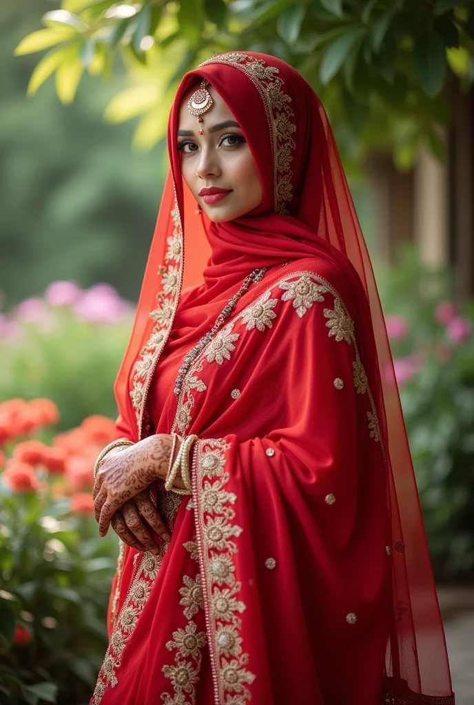 A muslim bride red saree hide face photoshoot