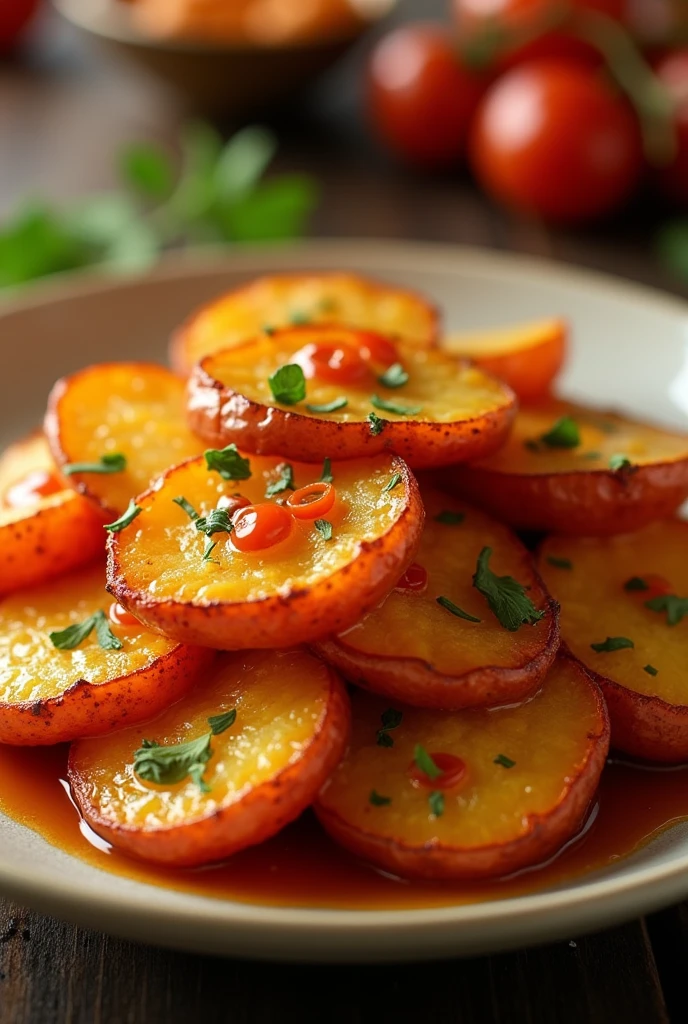 (photorealism:1.2), HONEY CHILLI POTATO IN CUTLERY WITH PLAN BACKGROUND LENGHTHED SLICED POTATO LIVE IMAGE