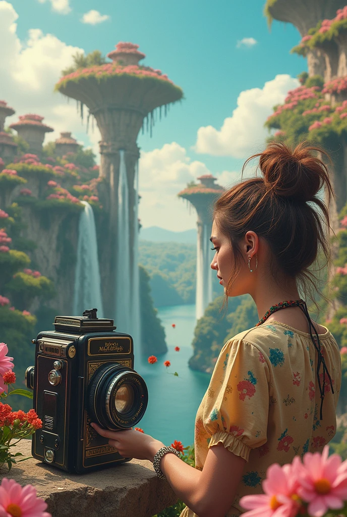 In picture there should be Camera ,creative,realistic world photography day portrait  background should be fantasy