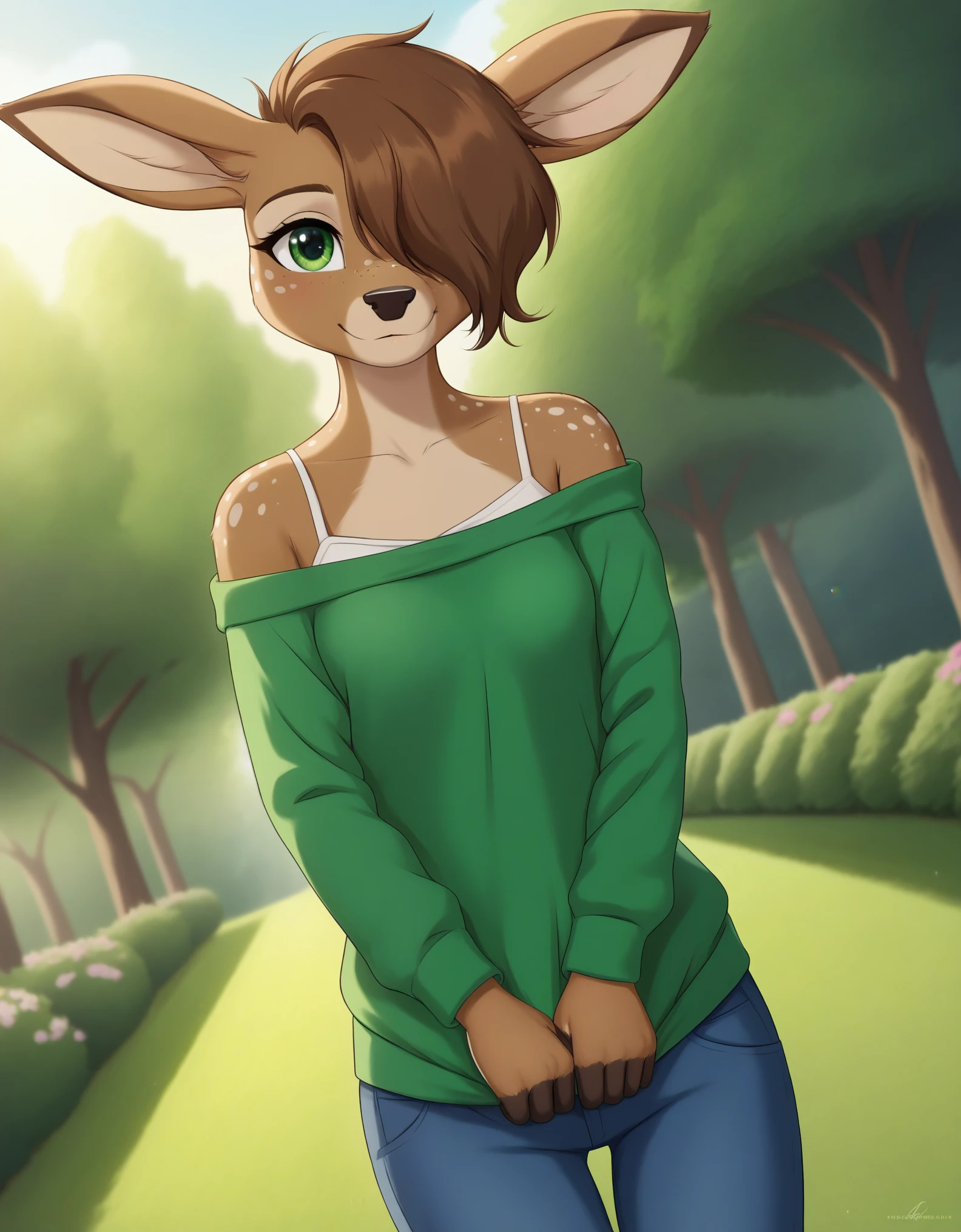 Solo, 1girl, female, adult, lotte, deer girl, furry female, body fur, animal nose, snout, animal ears, green eyes, brown hair, short hair, freckles, cute face, perfect anatomy, detailed skin, detailed eyes, perfect hands, perfect face, small breast, hair over one eye, BREAK sweater, long sleeves, off-shoulder shirt, pants, BREAK outdoors, park, colorful, sunset, looking at viewer, dutch angle, BREAK ((ultra-detailed)), ((best quality)), ((best quality)), ((beautiful eyes)), ((extremely detailed)), 4K, (8K), best quality, (beautiful), Master piece, highres, score_9, score_8_up, score_7_up, colorful, best quality, official art, highres, masterpiece, nai3, god light, detailed background, high quality background, very aesthetic, absurdres, 