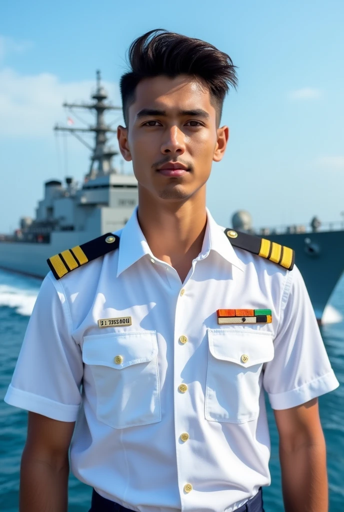 Handsome guy in Indian navy uniform with hazel eyes and sharp jawline 