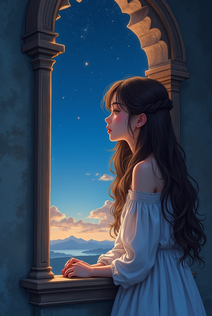 Highest quality, Manga-style profile, soft light, Night Ultra High Resolution, (Realistic:1.4), RAW Photos, A 20-year-old woman with long brown hair, alone, cute, A face full of sorrow, beautiful in every detail,Sitting by the window of a cute castle, at night, watching the night sky.
