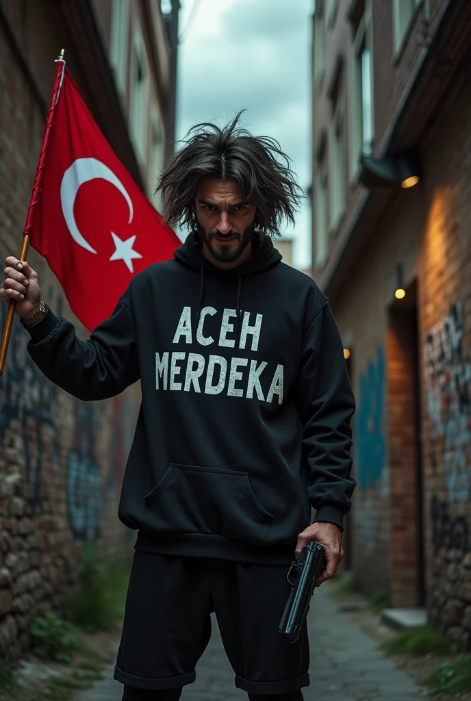 A psychopath holding a gun and a Turkish flag, with 'ACEH MERDEKA' written on his clothes. 