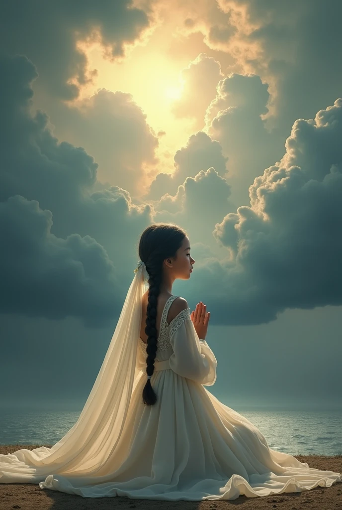 A beautiful white young girl wearing white punjabi dress with very long thick black hair braided and her head covered with veil praying to God on her knees with her hands and God is consoling her with his hand on her shoulder with a background of clouds shining with thunders