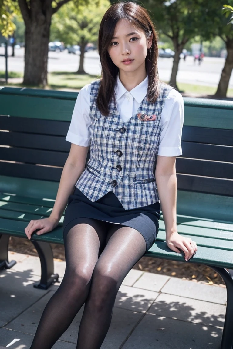 Urzan-6500-v1.1, (RAW Photos:1.2), (Realistic), (Genuine:1.4), １、Perfect Anatomy、42 years old、Looking into the camera、Medium Long Hair、Plaid vest、((Sit on a bench:1.3))、(Ultra-realistic pantyhose:1.2), (High heels)、(Business services)、Cowboy Shot