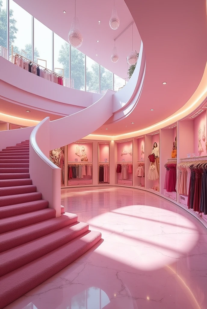 (photorealism:1.2) An empty large 2 stories girly pink shopping mall inside, pink wide staircases, Posters of sexy women in sexy lingerie hanging from the walls, with only sexy lingerie stores for women and pink kiosks selling magazines with sexy lingerie girls on the cover, realistic, intricate details
